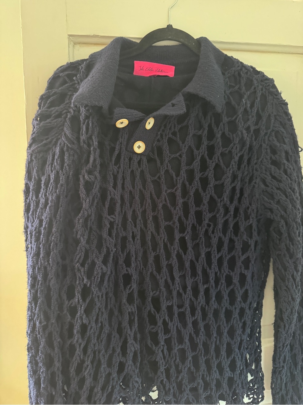 The Elder Statesman Navy Open-Weave V-Neck Polo Sweater